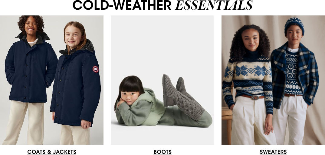 3 photos, 1st of boy and girl in heavy black winter coats and white pants, 2nd of young girl lying on her stomach in a green matching outfit and cable knit boots, 3rd of boy and girl in Fair Isle sweaters and white pants.